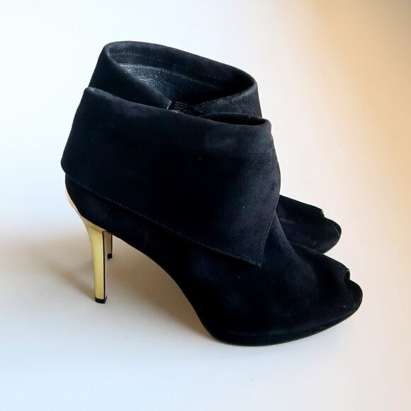 Michael Kors Black Suede Leather Peep Toe Gold Heel Ankle Boots / Booties Sz. 10 - Picture 15 of 16